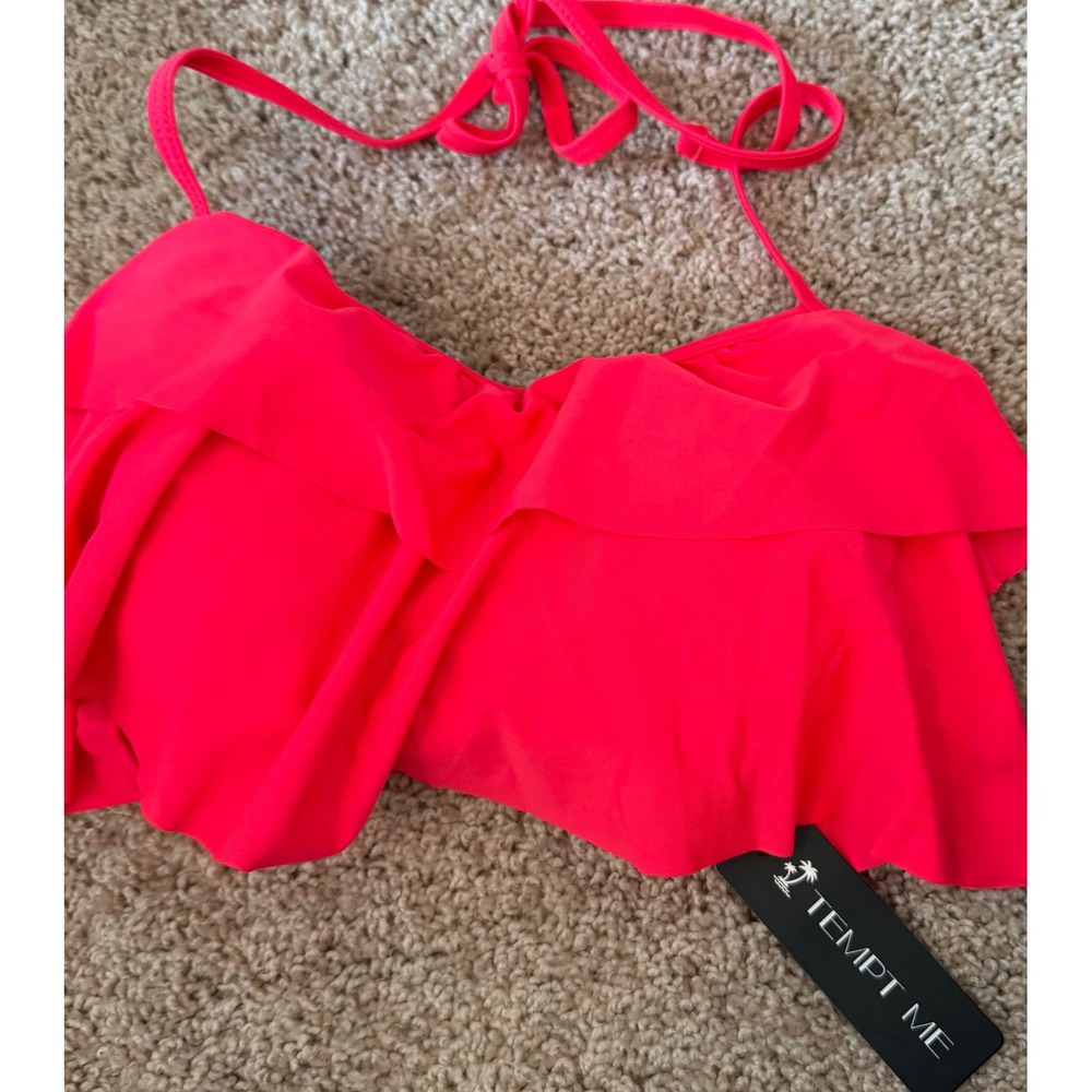 Tempt Me Neon Pink Flounce Bikini Top Halter Ruffle Swimwear Small POB22007204